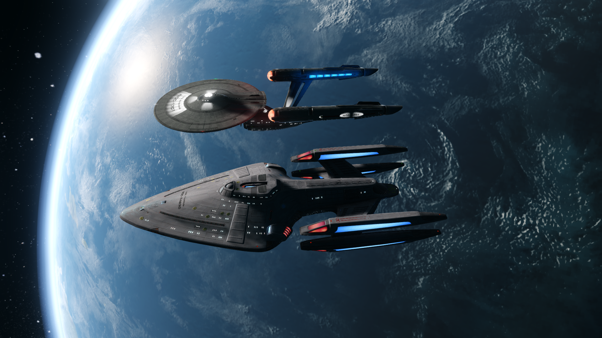 Star Trek Online size comparison of the Typhon and the Enterprise as seen in Strange New Worlds